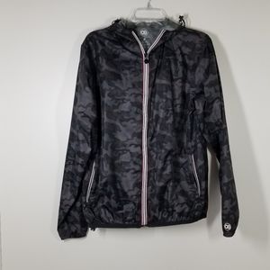 08 Lifestyle Black Camo Full Zip Hooded Windbreaker Jacket Men Size Small